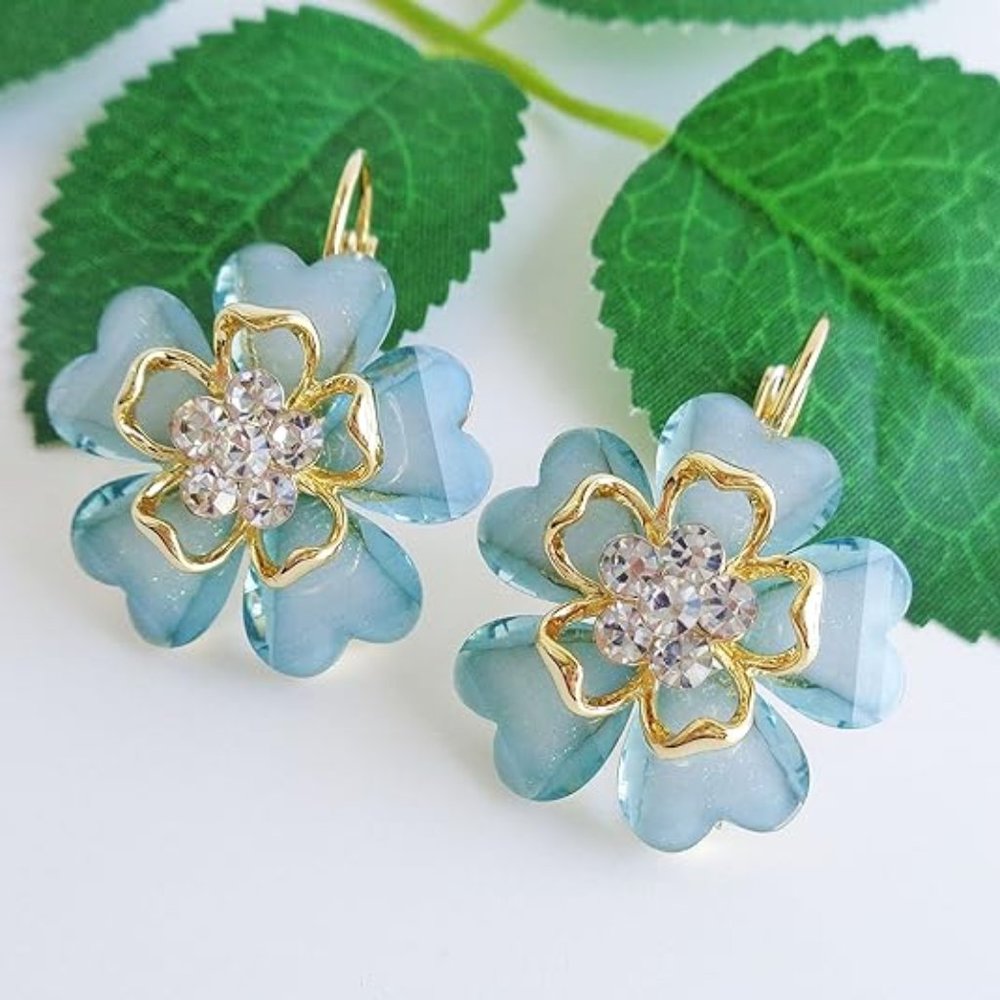 Navachi Gold Plated Crystal Acetate Blooming Flowers Leverback Earrings